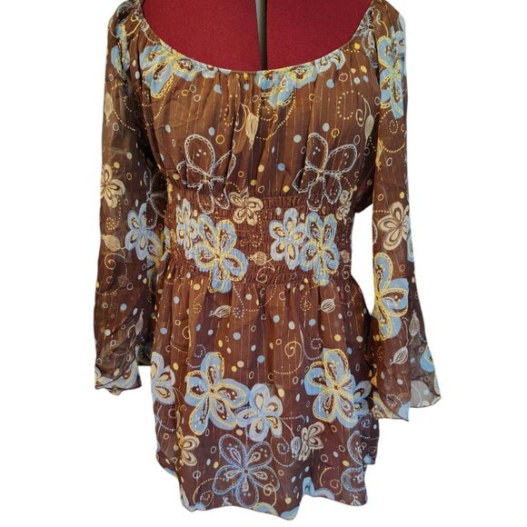 Jordache Two Piece Floral Sheer Blouse and Camisole Size XL15 Brown Blue - Picture 1 of 8